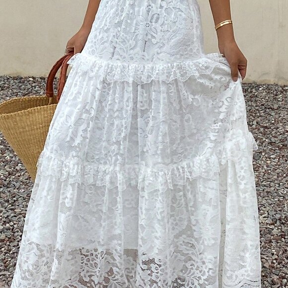 White Elegant Women's Lace Ruffle Hem Casual Flared Skirt Vacation - Picture 5 of 7